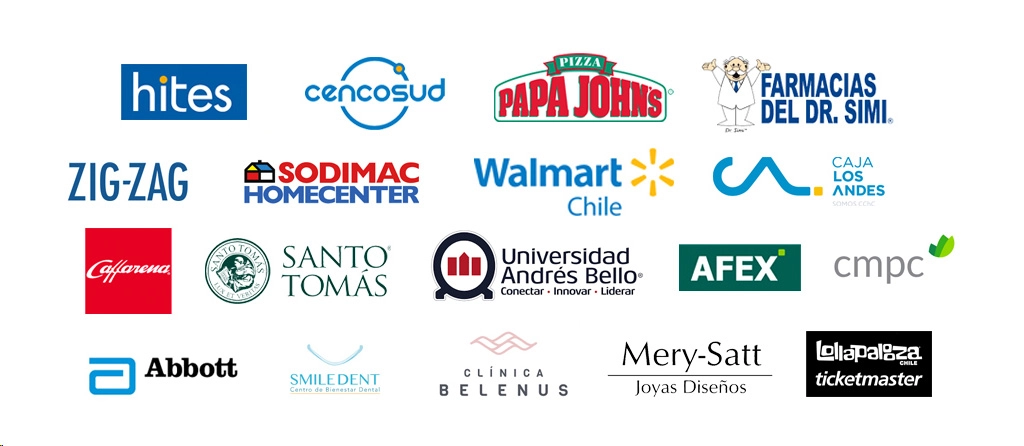 marcas HITES,CENCOSUD,PAPA JOHNS,FARMACIAS DE SIMILARES CHILE S.A.,AFEX LTDA.,EDITORIAL ZIG ZAG,SODIMAC,WALMART,CAJA LOS ANDES,CMPC,CAFFARENA,CEMENTERIO GENERAL,CERAGEM CHILE,SOCIEDAD ODONTOLOGICA DE CHILE,INSTITUTO SANTO TOMAS,UNIVERSIDAD ANDRES BELLO